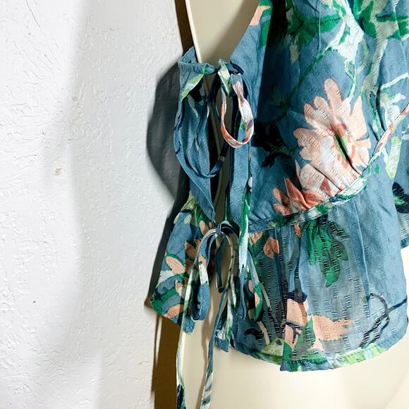 NEW! H&M Floral Strappy Ruffled Crop Top Tie Teal - M - Picture 3 of 5
